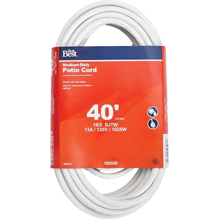 SJTW Extension Cord, 16 AWG, Outdoor, 16/3, 1 Outlets, White, 40 ft